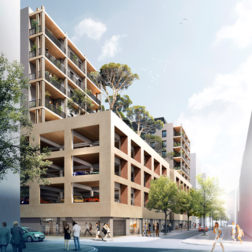 Logements et parking silo en bois